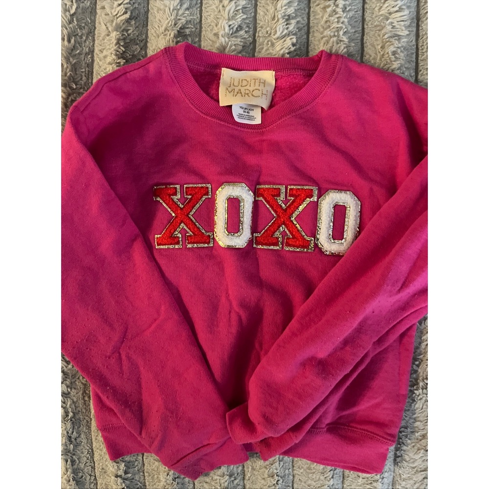 Judith March Girls Hot Pink XOXO Chenille Patch Glitter Sweatshirt Size S 6-8